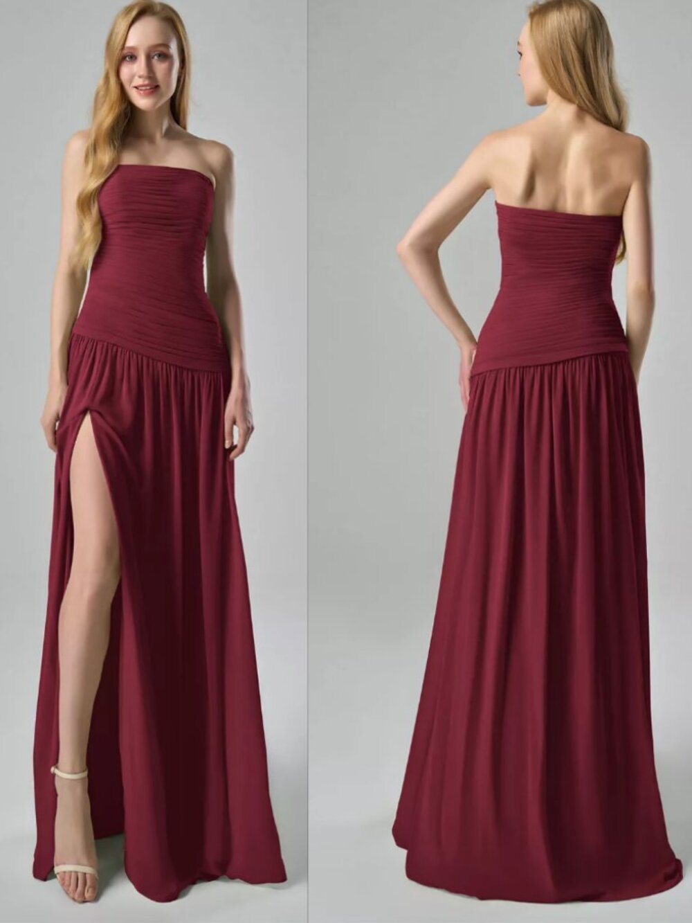 AW Bridal Safia Burgundy Chiffon Strapless A-Line Formal Gown 14 NWOT